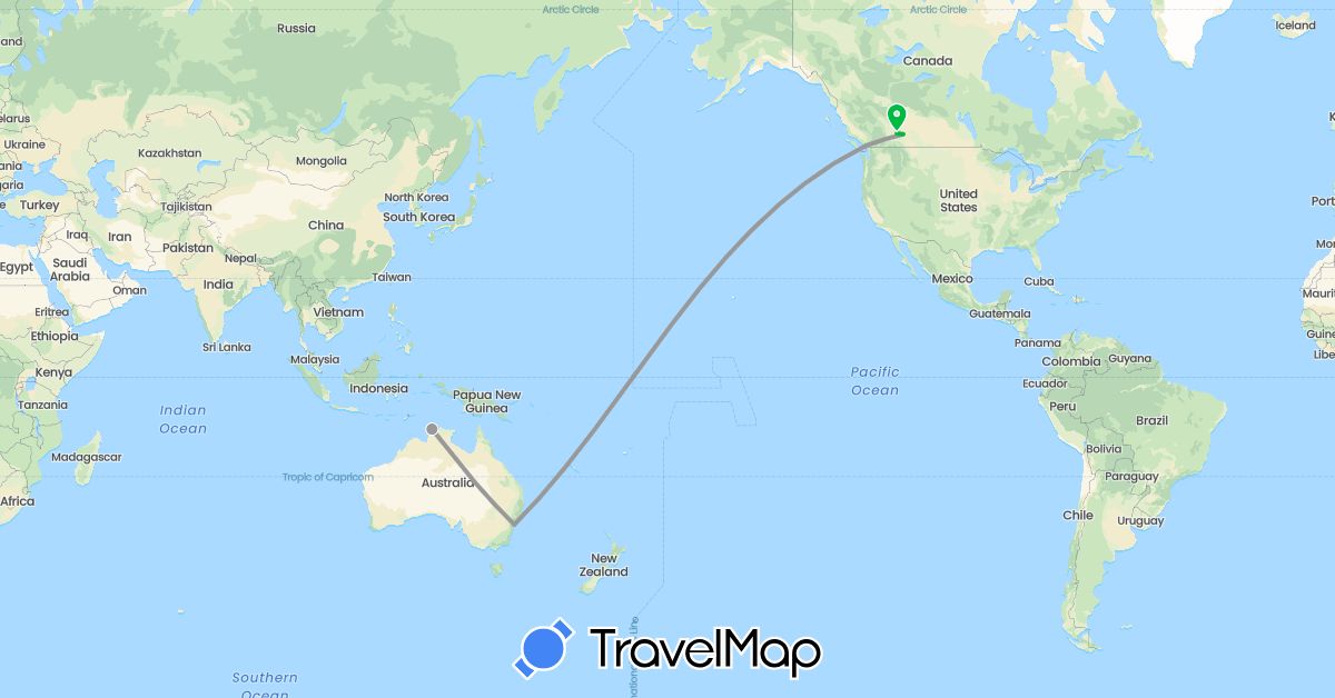 TravelMap itinerary: driving, bus, plane in Australia, Canada (North America, Oceania)